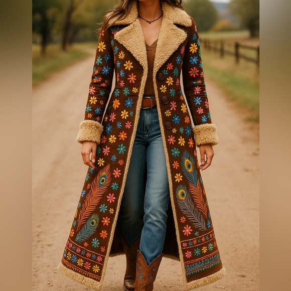 Boho Embroidered Faux Shearling Long Coat- Dark Brown Sz L (Fits like XL or XXL) - Picture 2 of 15
